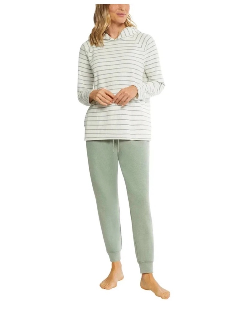 Max & Mia Striped Knit Loungewear Set in Cream and Sage